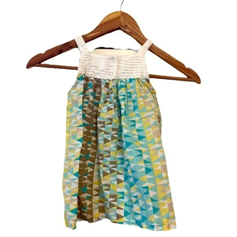 Rim Zim 3T blue/yellow/white/brown geometric 100% cotton A line sleeveless dress